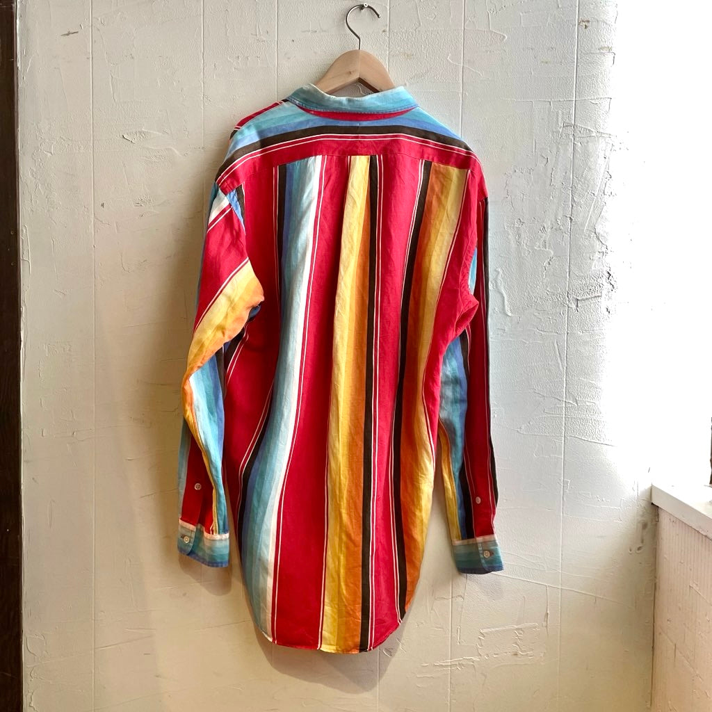【古着】90s ラルフローレン / RALPH LAUREN マルチカラー ストライプシャツ 長袖ボタンダウンシャツ シルク×リネン