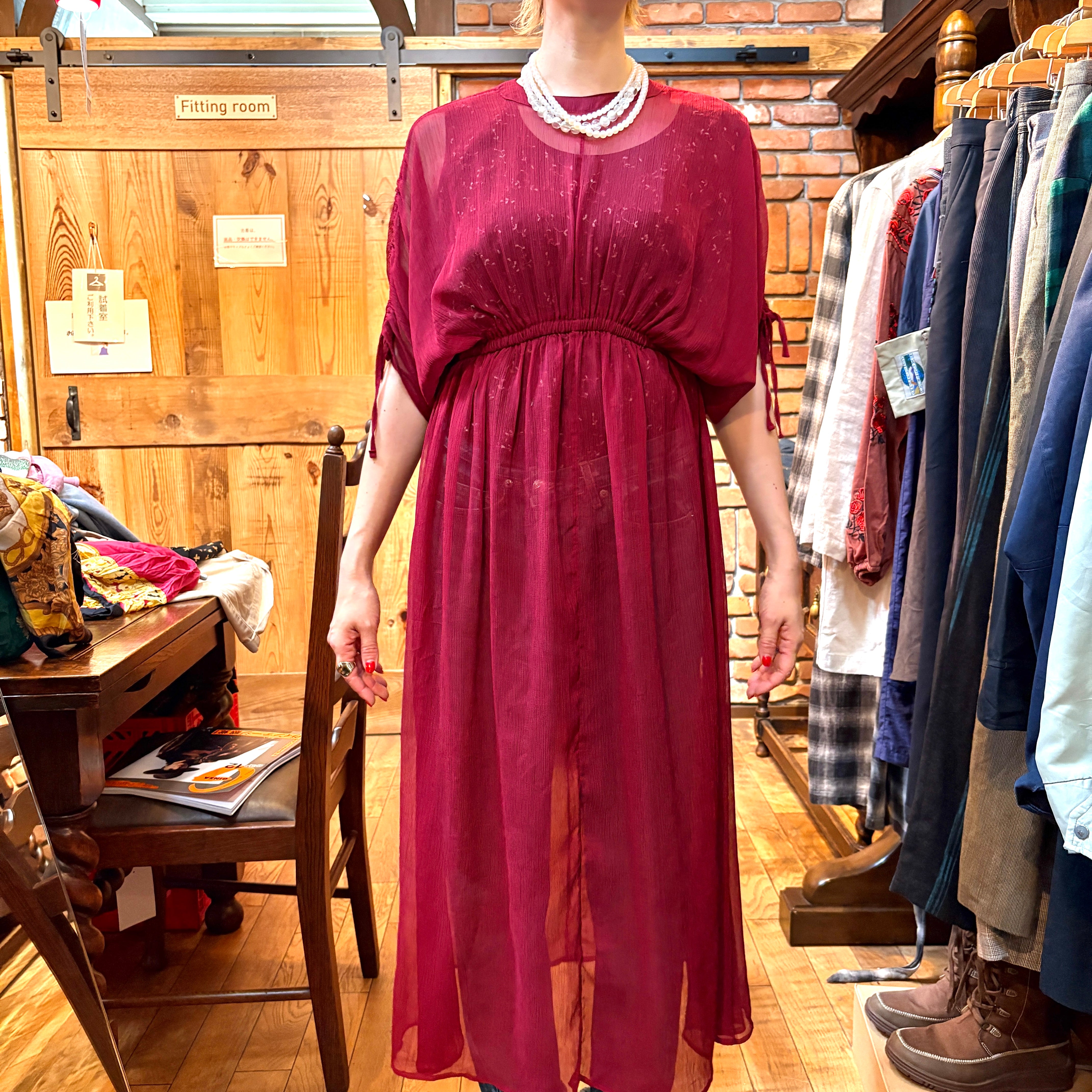 【古着】シースルー ボルドーワンピース レディース
