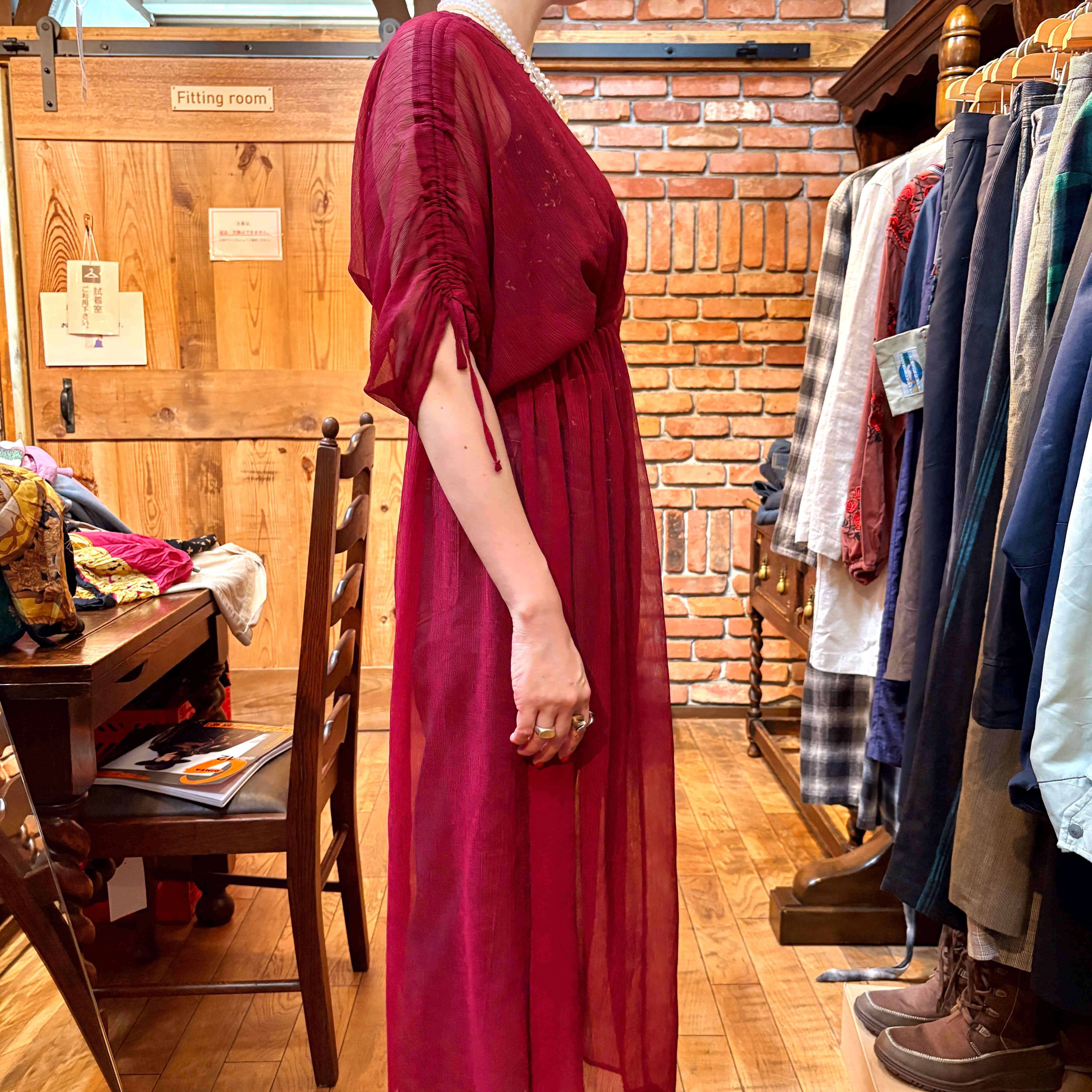 【古着】シースルー ボルドーワンピース レディース