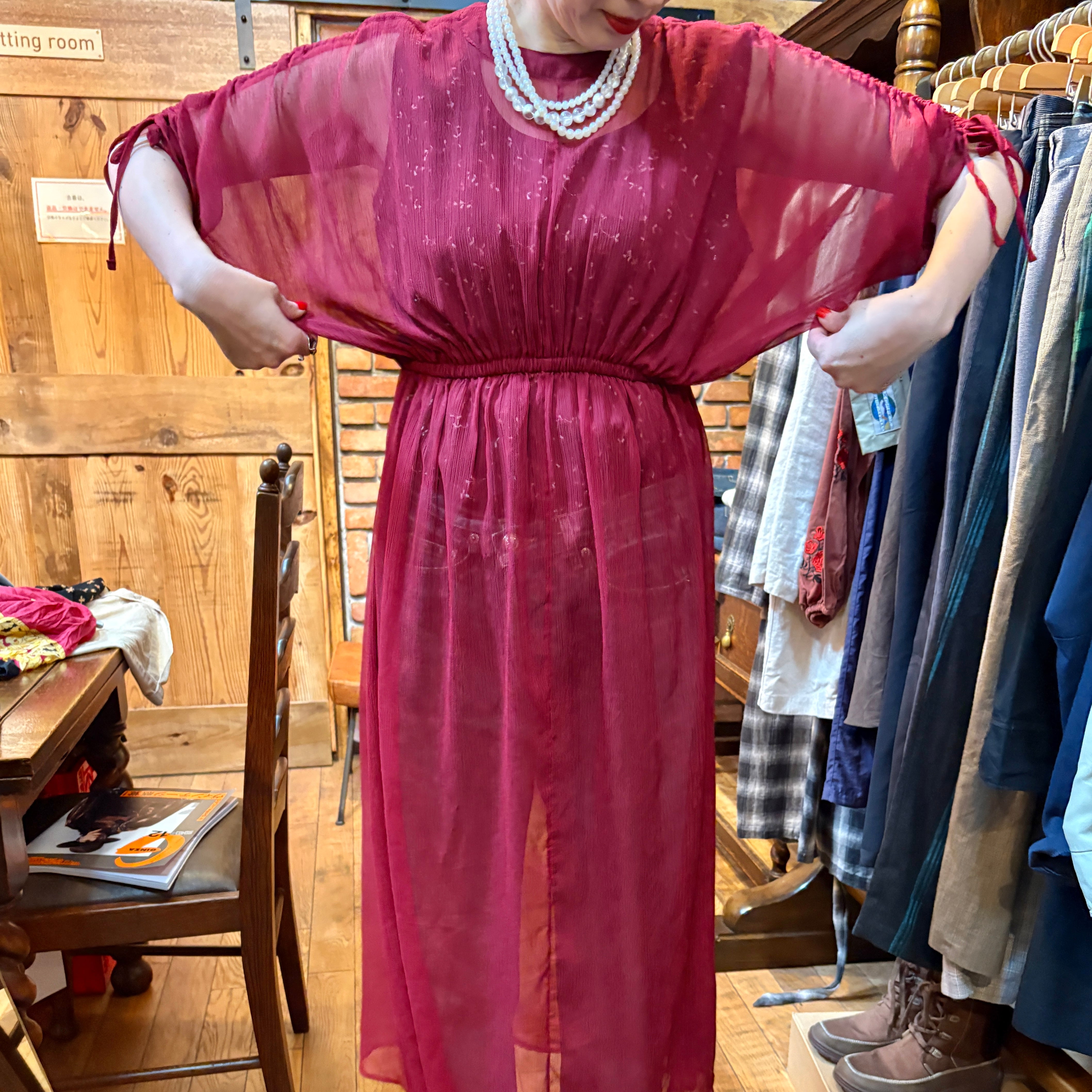 【古着】シースルー ボルドーワンピース レディース