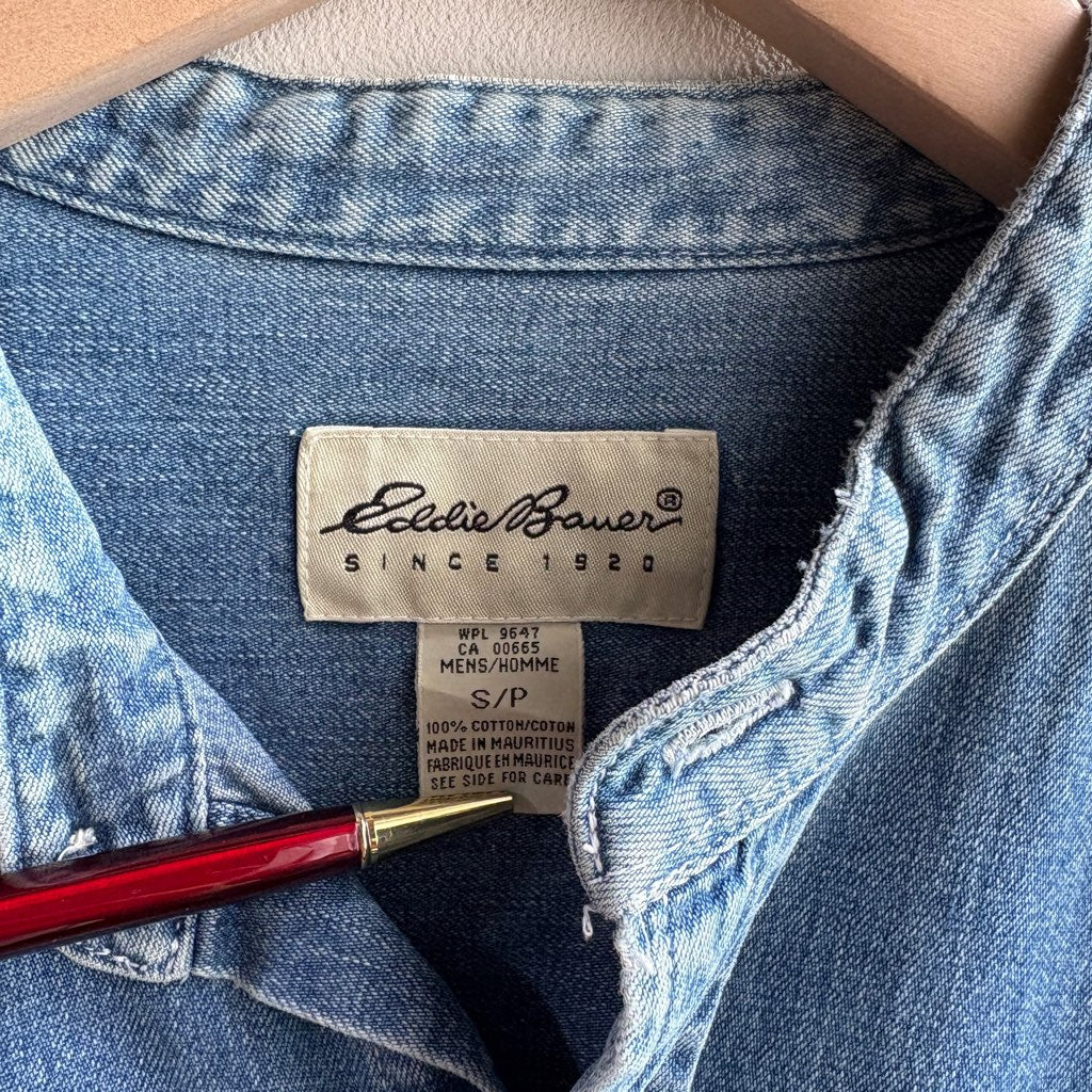 【古着】Eddie Bauer 90's デニムシャツ ノーカラーシャツ