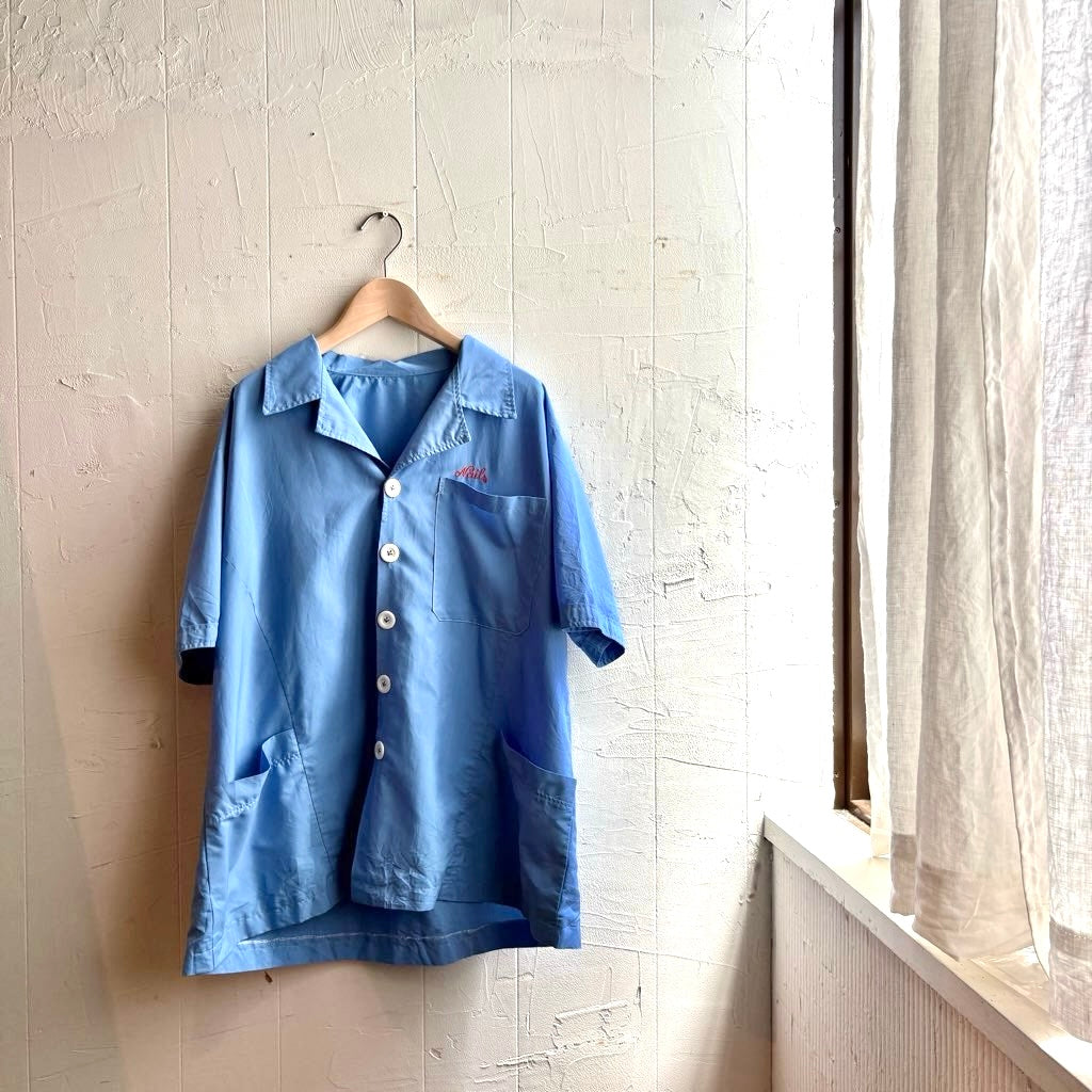 【古着】ブルー ヴィンテージシャツ 開襟シャツ ユーロ EURO VINTAGE