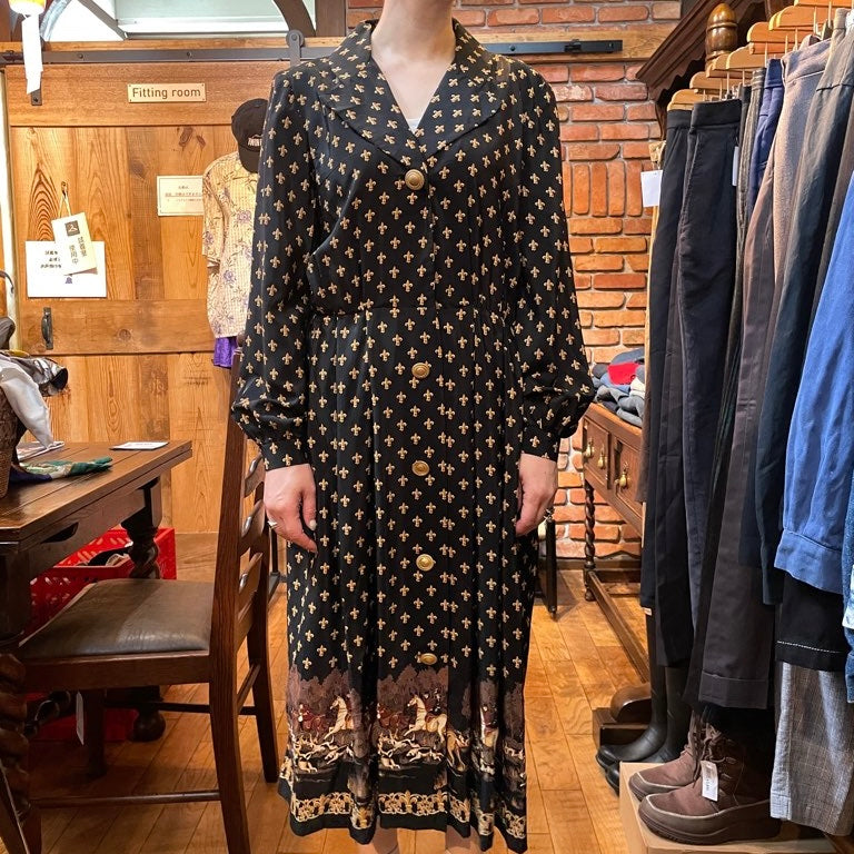 【古着】80s ヴィンテージ フルール・ド・リスパターン ワンピース レディース ホース柄