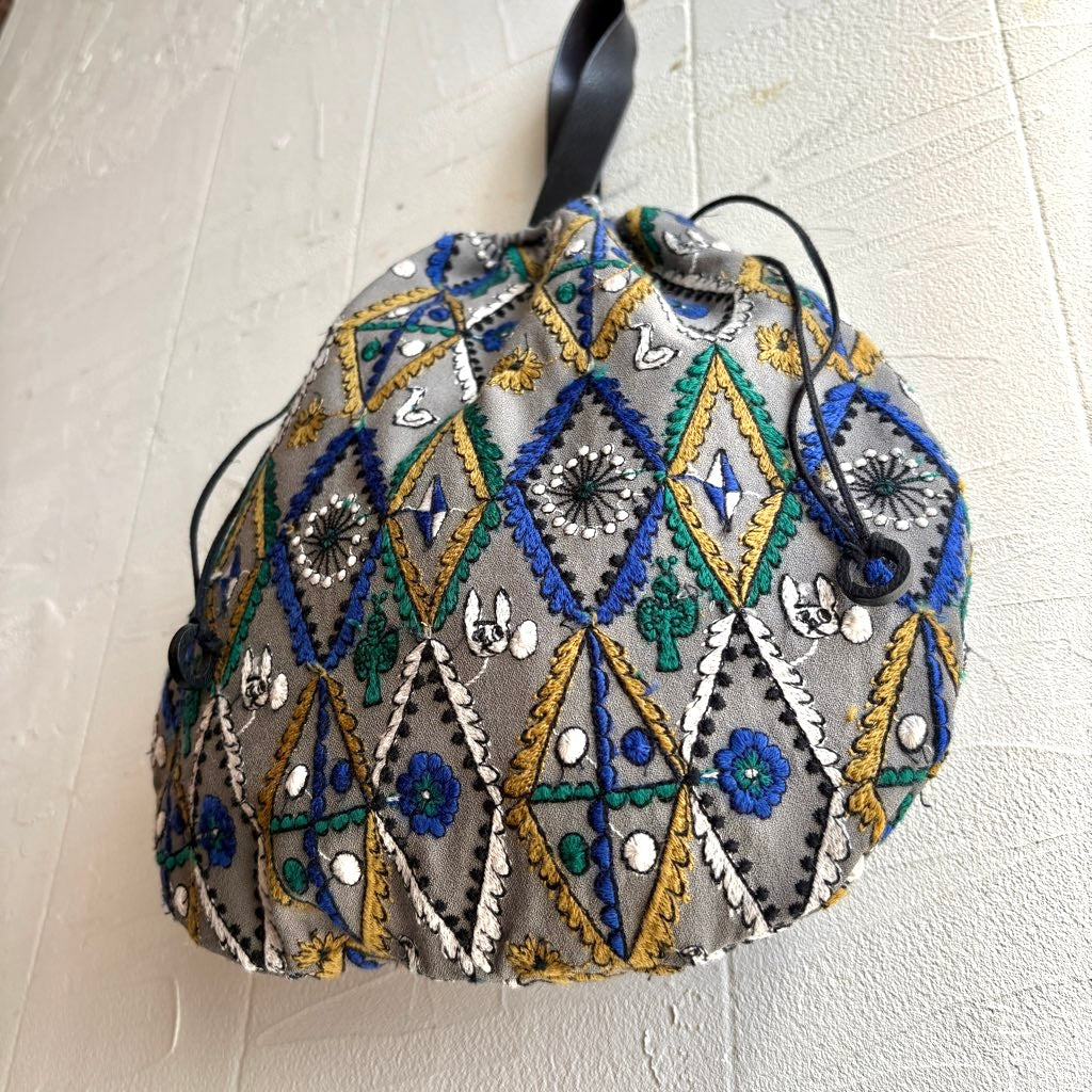 【古着】ミナペルホネン / mina perhonen pear bag フォレストダイヤモンド柄 きんちゃく型