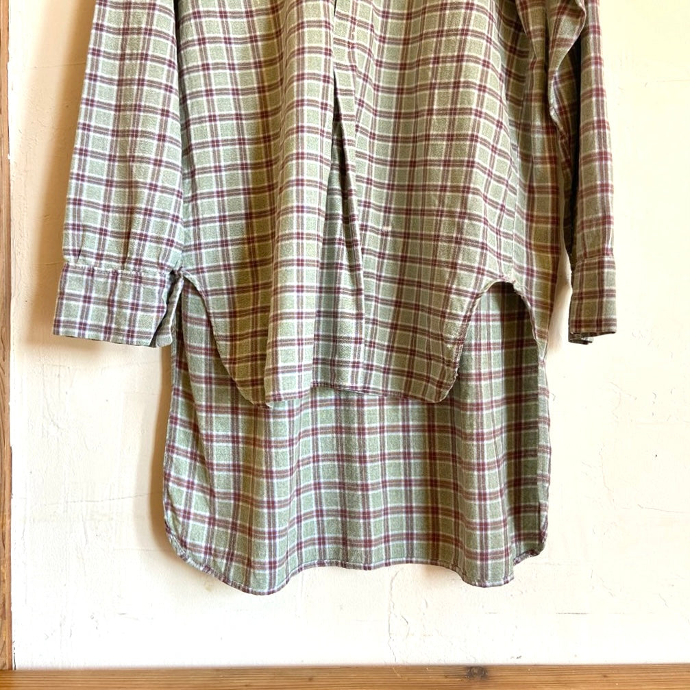 【古着】チェックグランパシャツ グリーン ロング丈