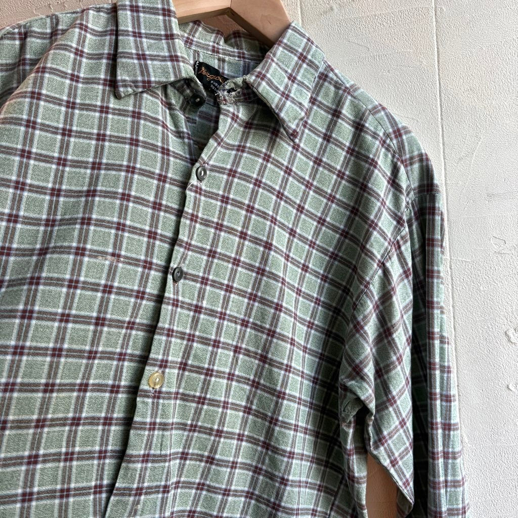 【古着】チェックグランパシャツ グリーン ロング丈