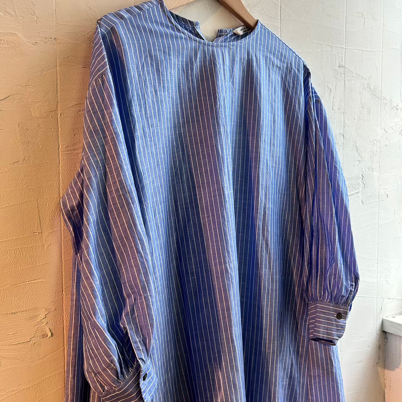 【古着】アトリエナルセ / atelier naruse コットンリネンロングワンピース ブルー ストライプ