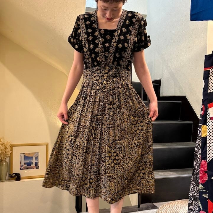 【古着】ゴールドオリエンタル ロングドレス ワンピース