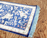 クム産 ペルシャ絨毯 ハンティング柄 敷物 ラグ ブルー 手織り シルク 玄関マット 中古