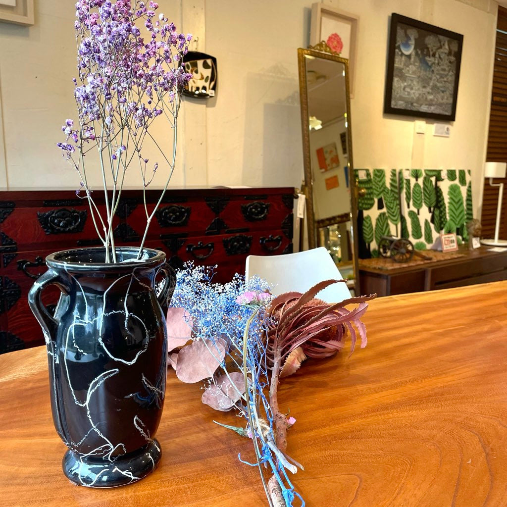 アメリカヴィンテージ フラワーベース 黒×白 マーブル 花器 花瓶