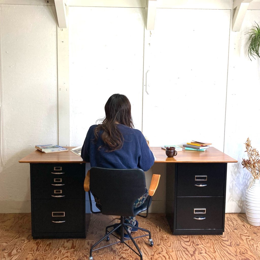 ビスレー / BISLEY 両袖デスク キャビネット 4段& 2段&木天板3点 デスクセット イギリス 中古