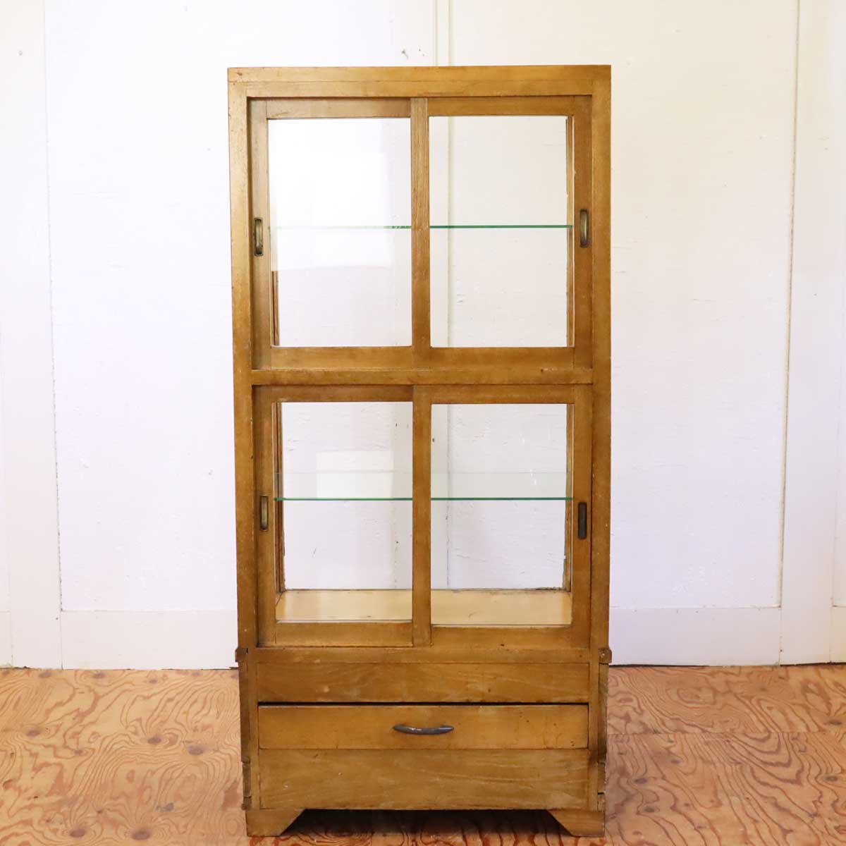 古い木味のパンケース ショーケース ガラス 陳列棚 ディスプレイケース  ヴィンテージ