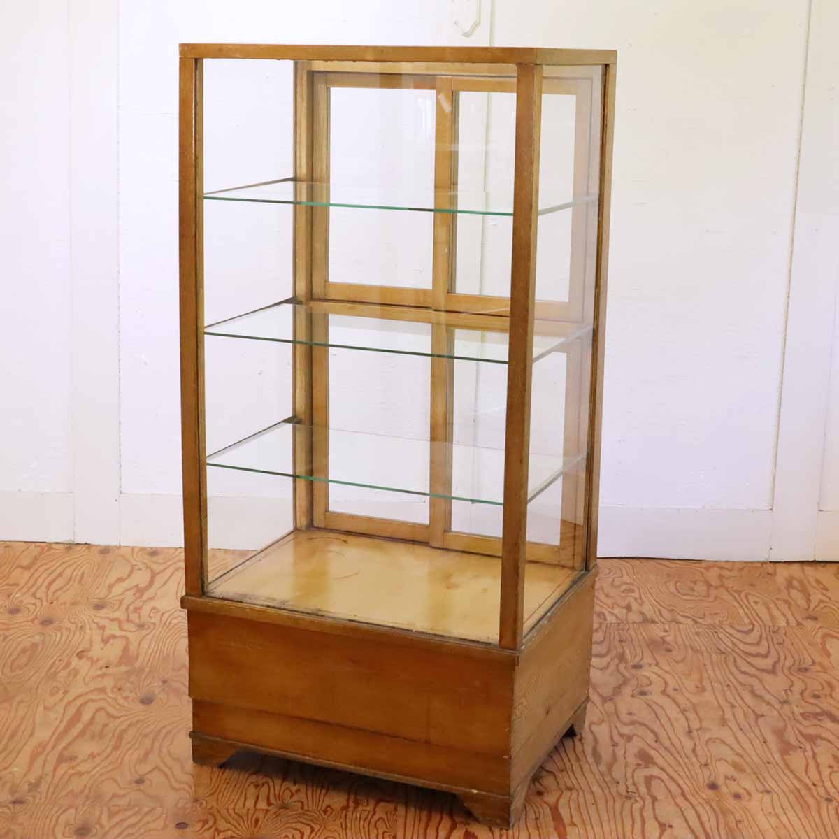 古い木味のパンケース ショーケース ガラス 陳列棚 ディスプレイケース  ヴィンテージ