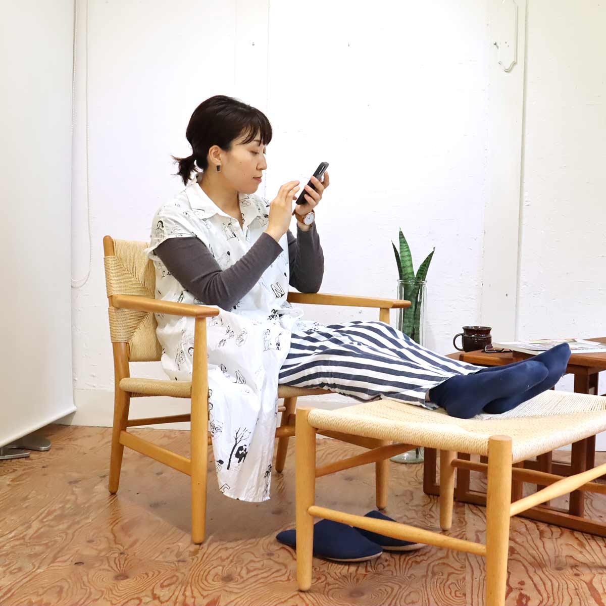 ワイス・ワイス / WISE・WISE チノ / CHINO ラウンジチェア オットマン付 オーク ペーパーコード 中古