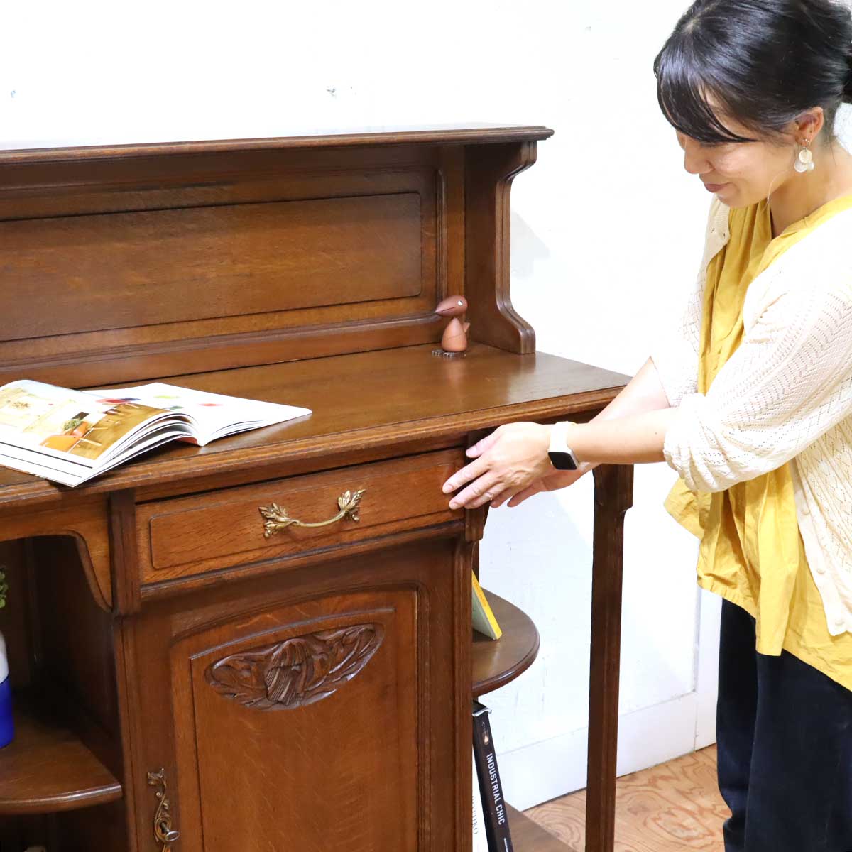 サービングテーブル キッチンキャビネット サイドテーブル 棚 オーク材 フランス アンティーク