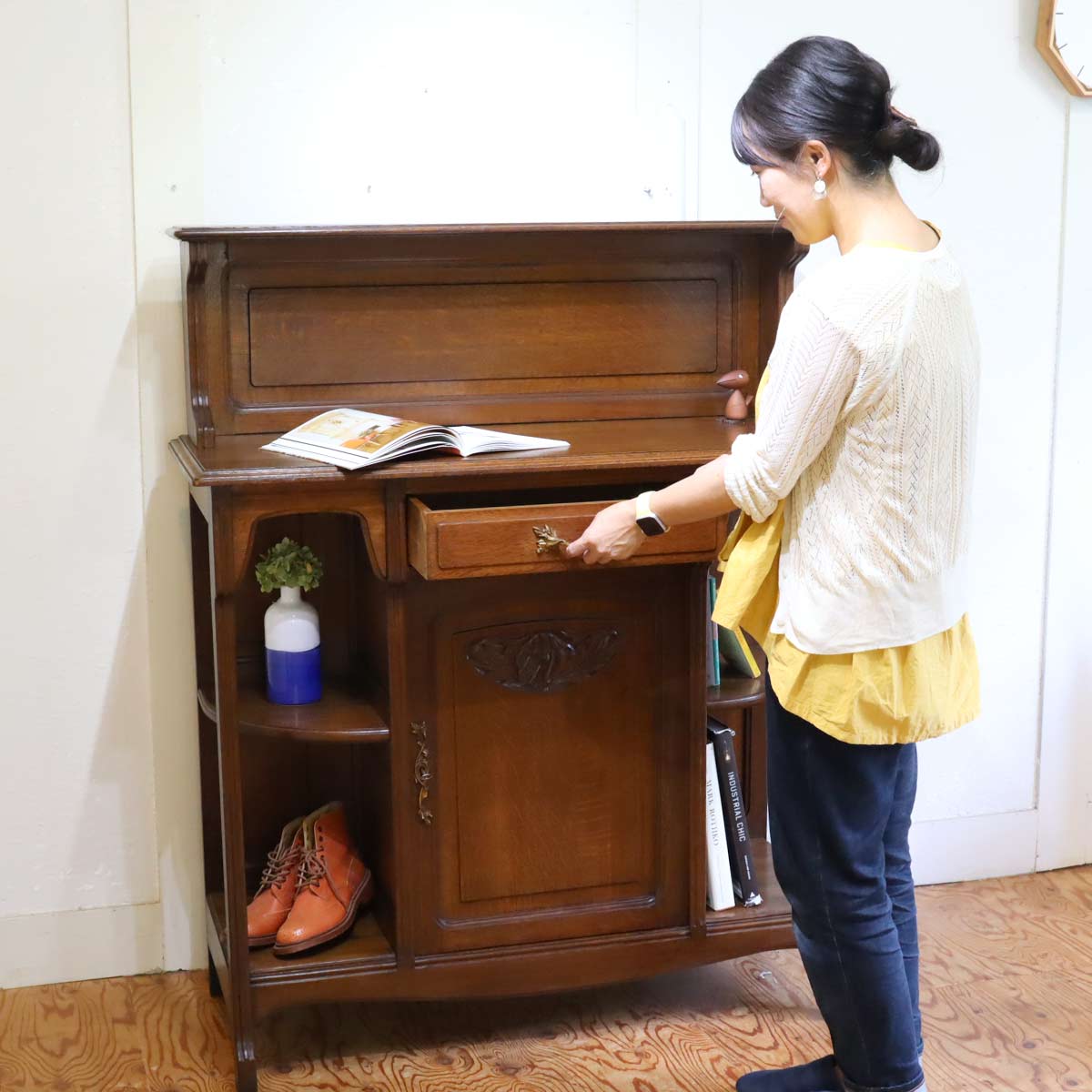 サービングテーブル キッチンキャビネット サイドテーブル 棚 オーク材 フランス アンティーク