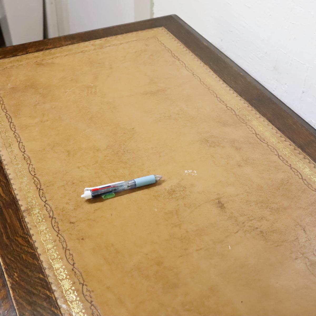 英国アンティーク デスク 書斎机 オーク 本革  アンティーク