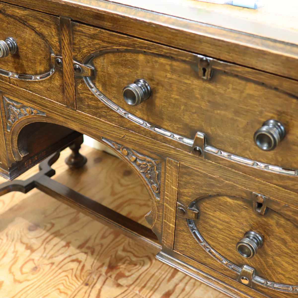 英国アンティーク デスク 書斎机 オーク 本革  アンティーク