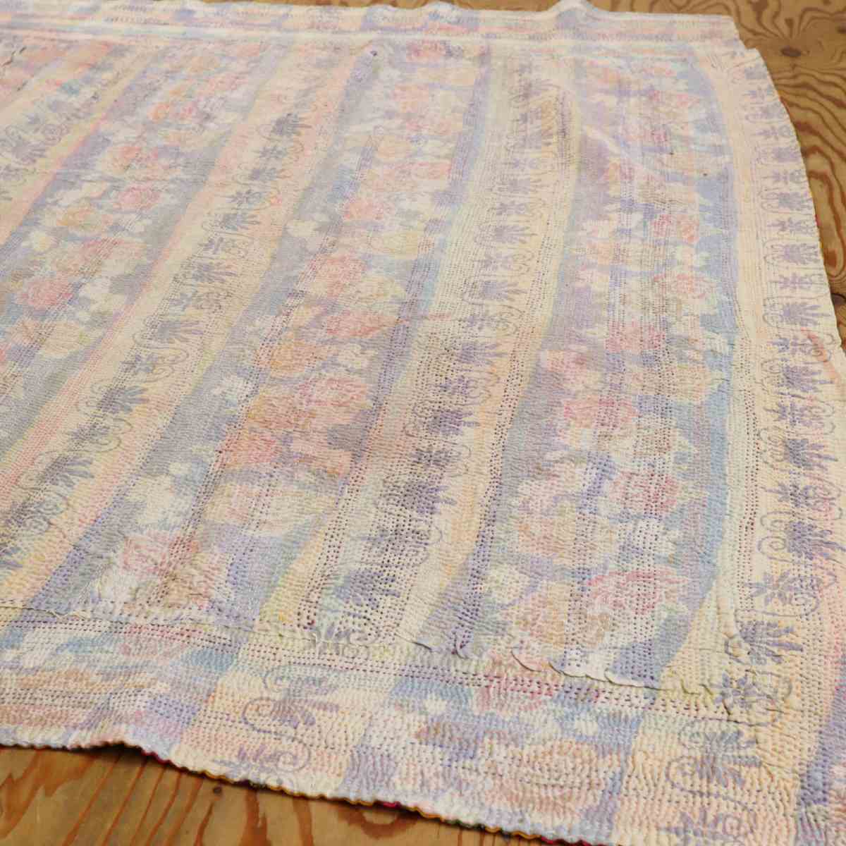 ラリーキルト 【2】 ラグ パッチワーク ステッチ ピンクイエロー中古