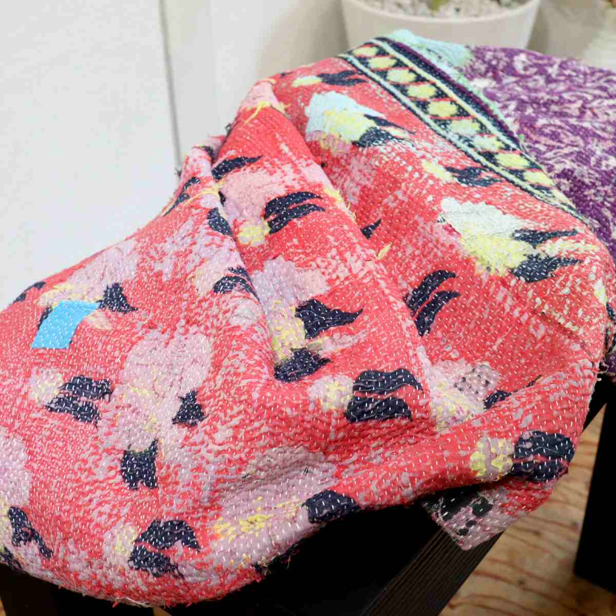 ラリーキルト 【1】 ラグ パッチワーク ステッチ パープル オレンジ 中古