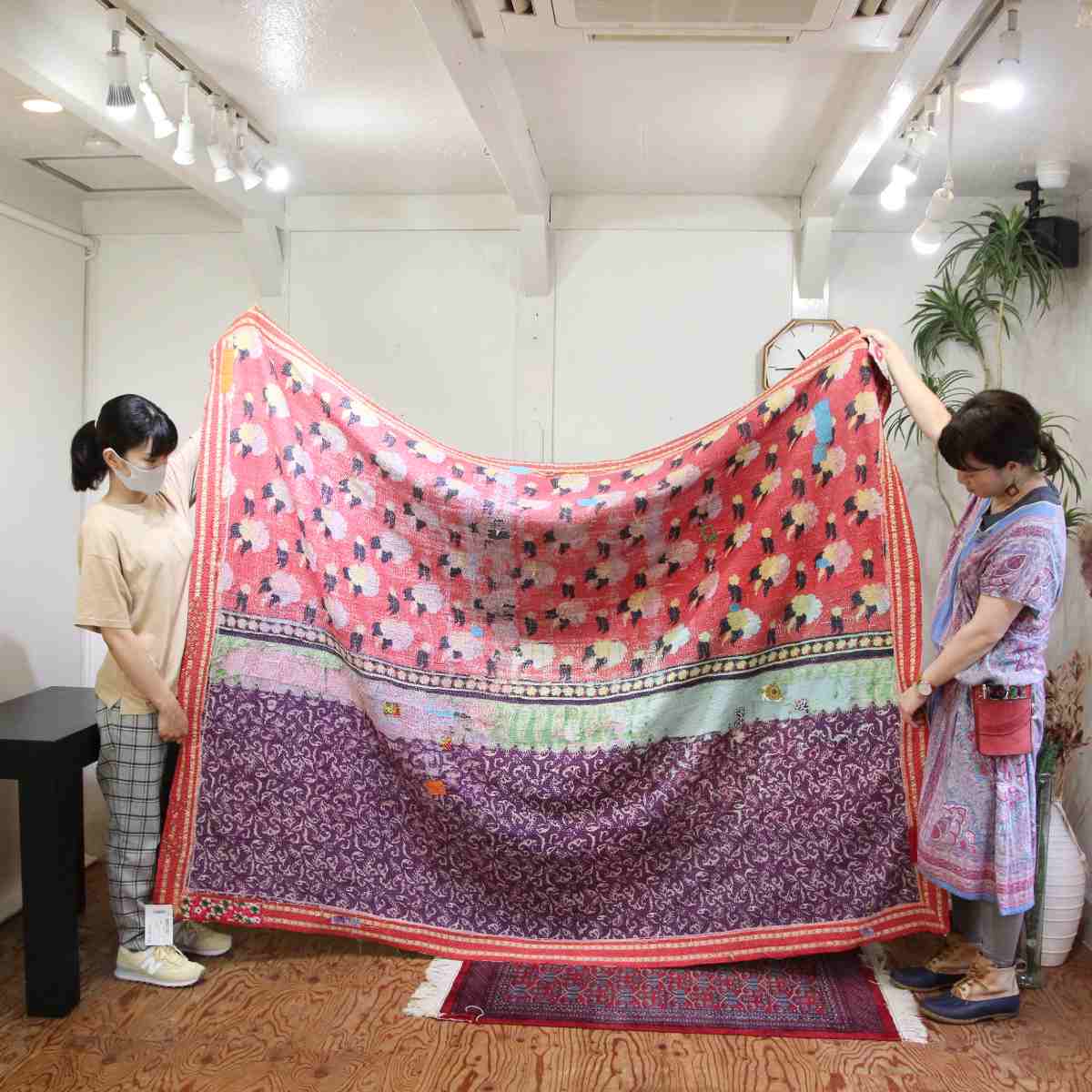 ラリーキルト 【1】 ラグ パッチワーク ステッチ パープル オレンジ 中古