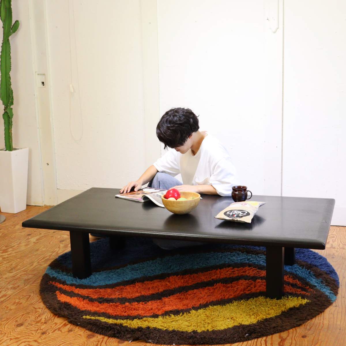 オーク無垢材 ローテーブル ブラック リビングテーブル 座卓 中古