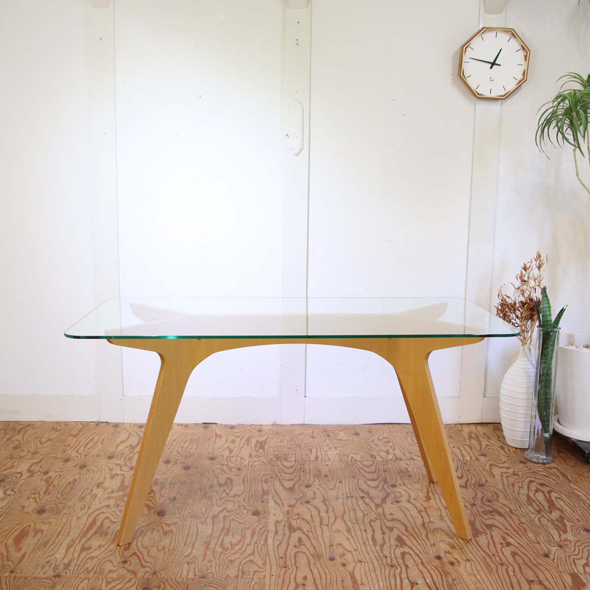 イーアンドワイ / E&Y ペガサス ダイニングテーブル ナチュラル ガラス天板 中古