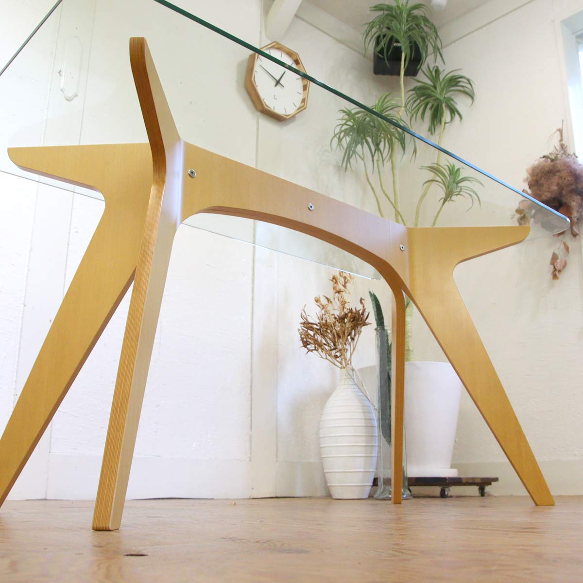 イーアンドワイ / E&Y ペガサス ダイニングテーブル ナチュラル ガラス天板 中古