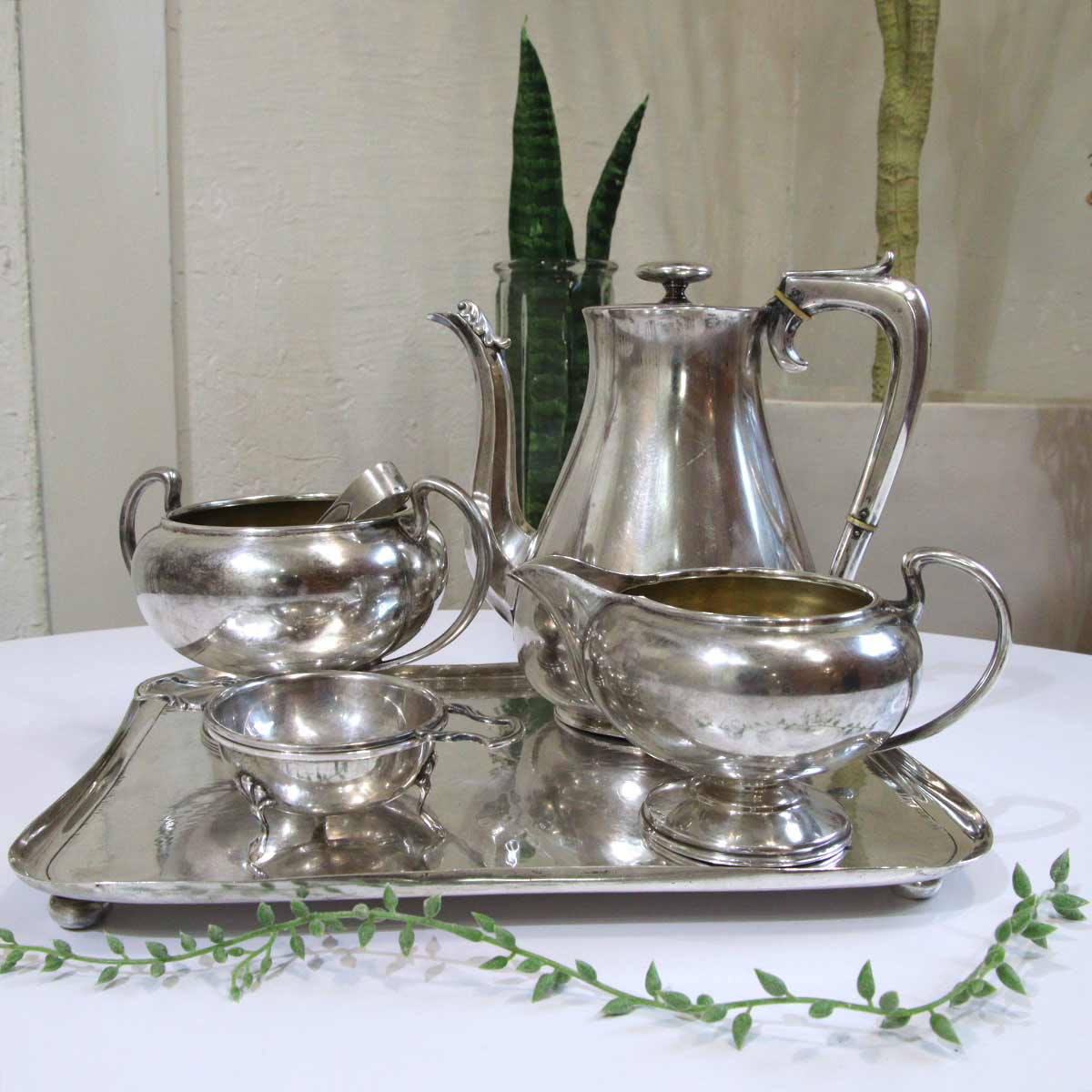 英国アンティーク 銀食器セット ティーセット ポット ミルク シュガー ティーストレーナー トレイ