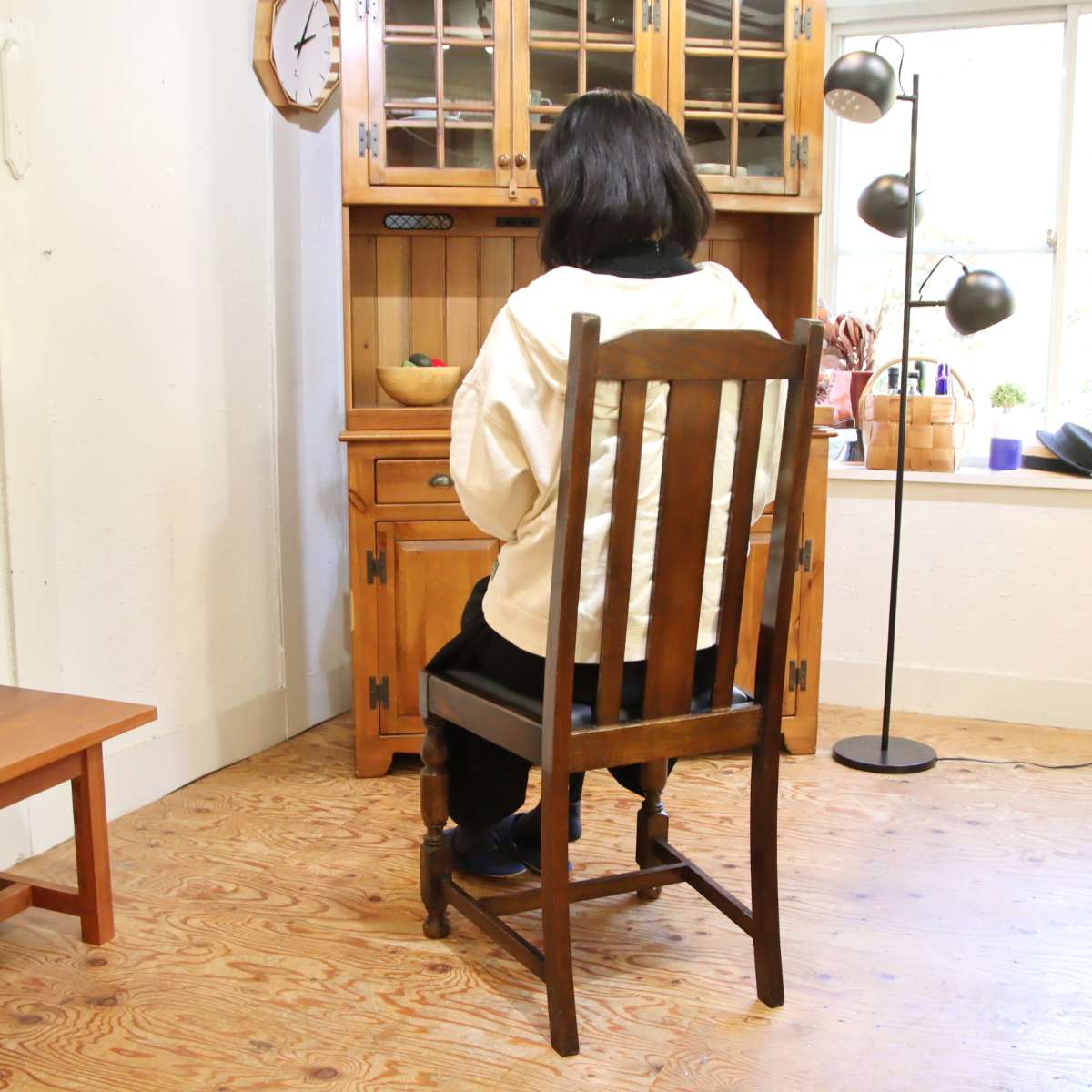 英国アンティーク ダイニングチェア 木製チェア オーク材 座面張替え済【1】座面ブラック