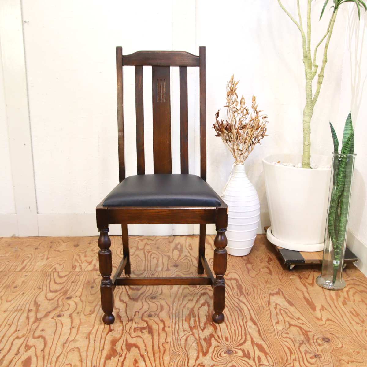 英国アンティーク ダイニングチェア 木製チェア オーク材 座面張替え済【1】座面ブラック