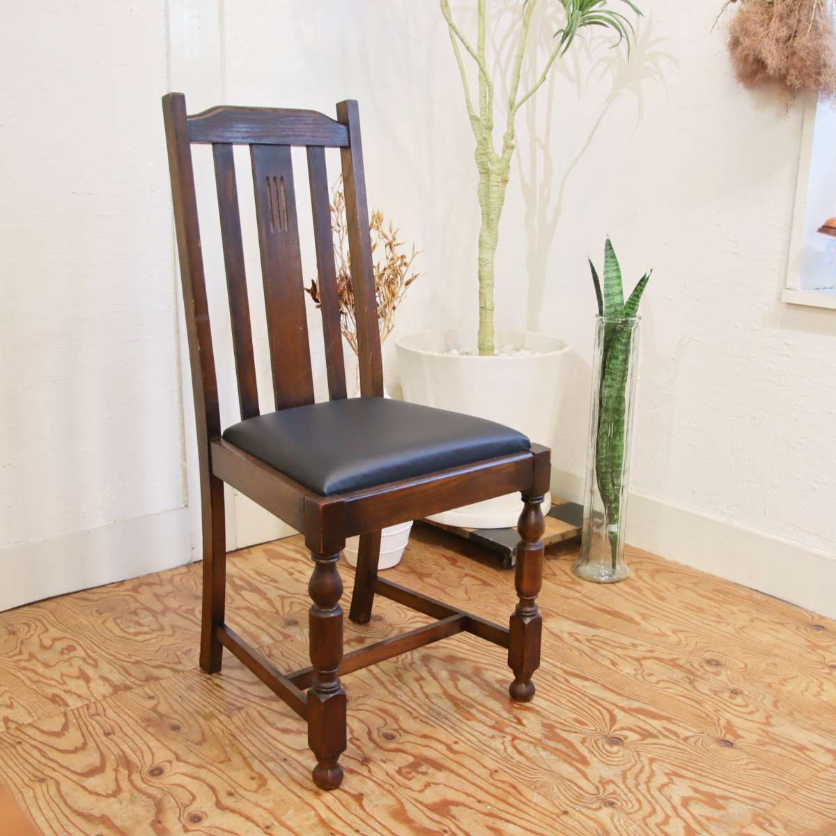 英国アンティーク ダイニングチェア 木製チェア オーク材 座面張替え済【1】座面ブラック