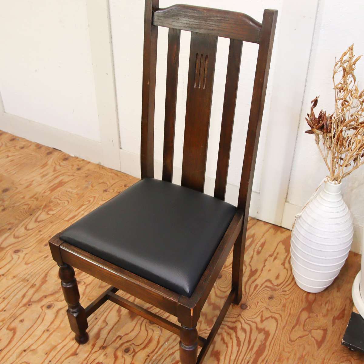 英国アンティーク ダイニングチェア 木製チェア オーク材 座面張替え済【1】座面ブラック