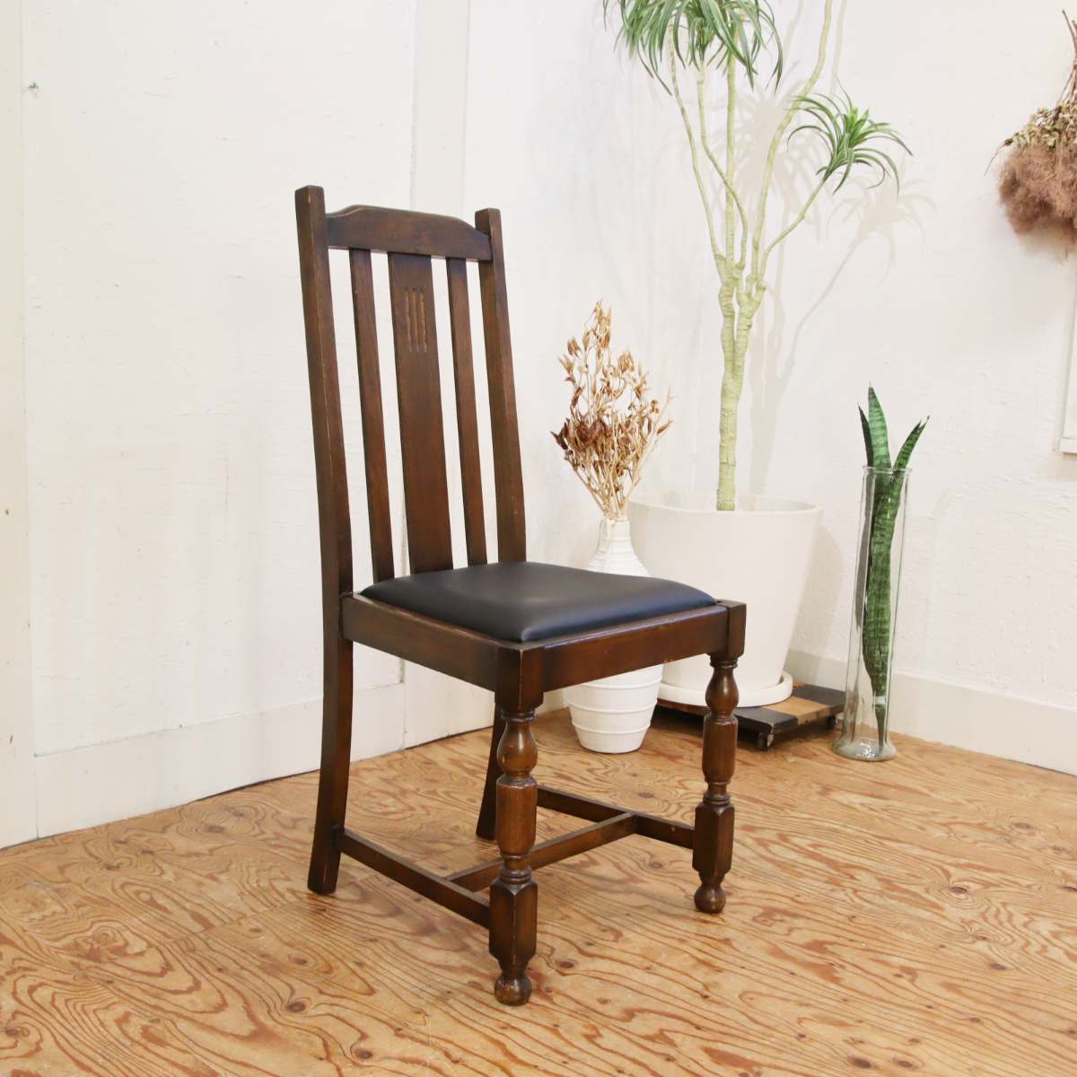 英国アンティーク ダイニングチェア【2】オーク材 木製チェア  張替えリペア済 ブラック