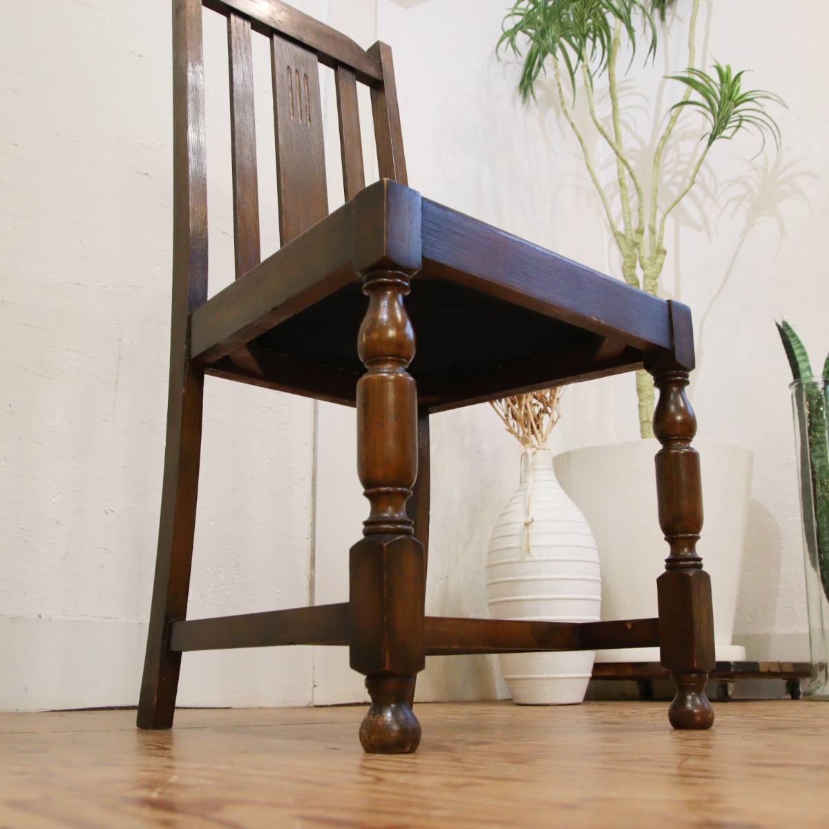 英国アンティーク ダイニングチェア【2】オーク材 木製チェア  張替えリペア済 ブラック