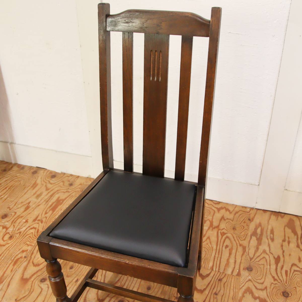 英国アンティーク ダイニングチェア【2】オーク材 木製チェア  張替えリペア済 ブラック