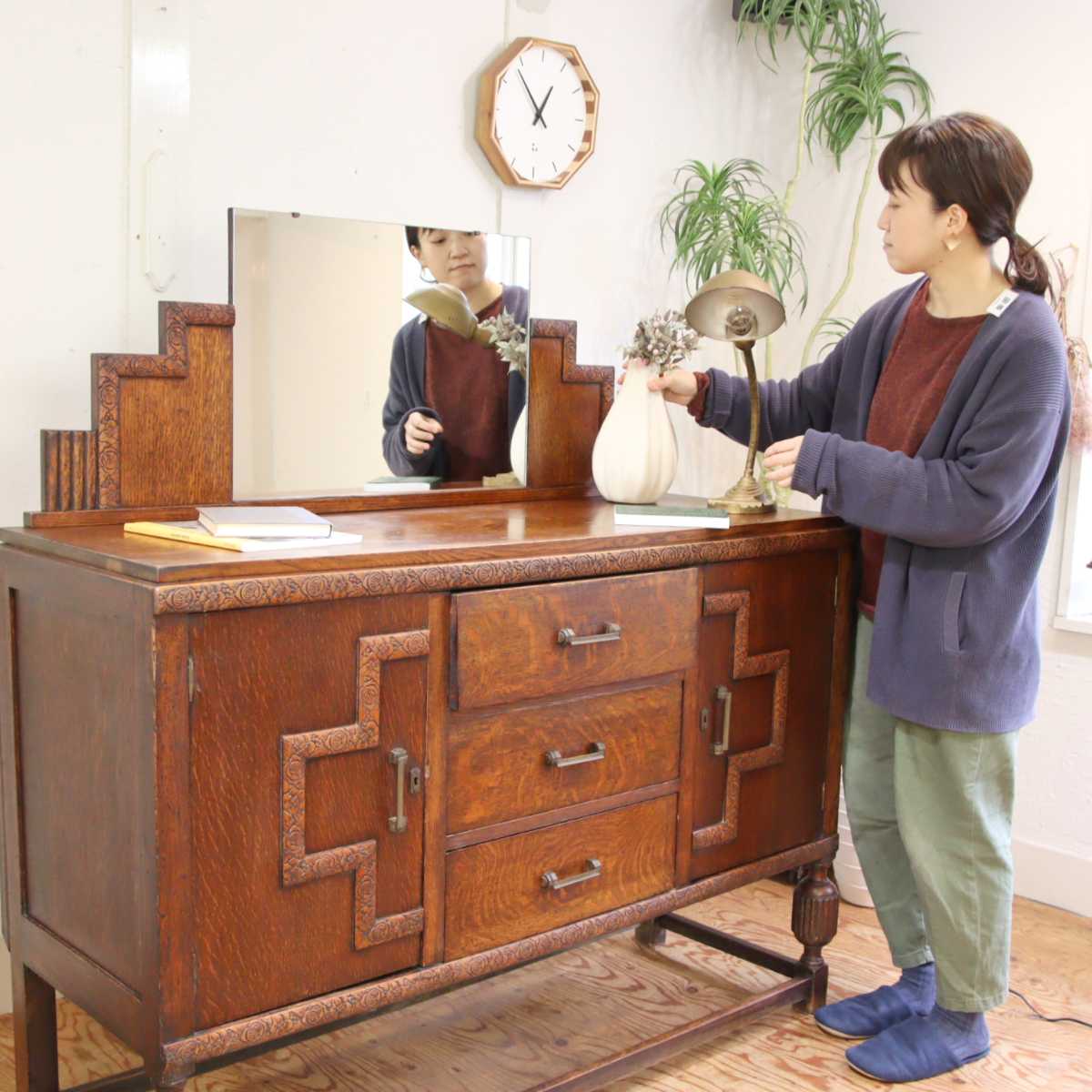 英国アンティーク ミラー付き バッフェ キャビネット エレガント