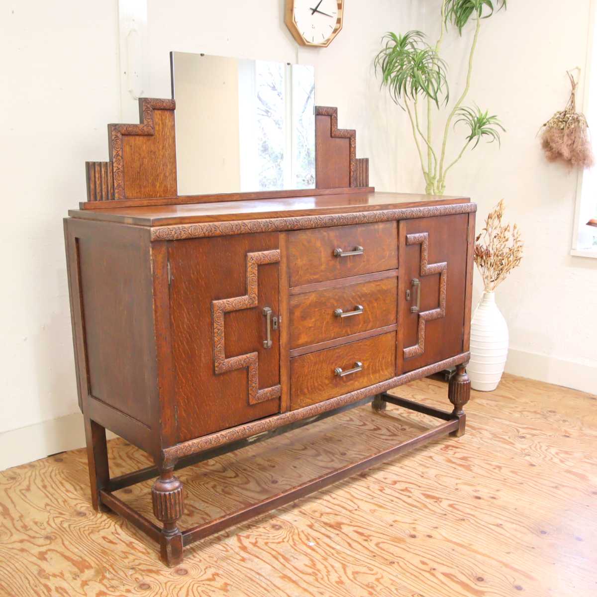 英国アンティーク ミラー付き バッフェ キャビネット エレガント