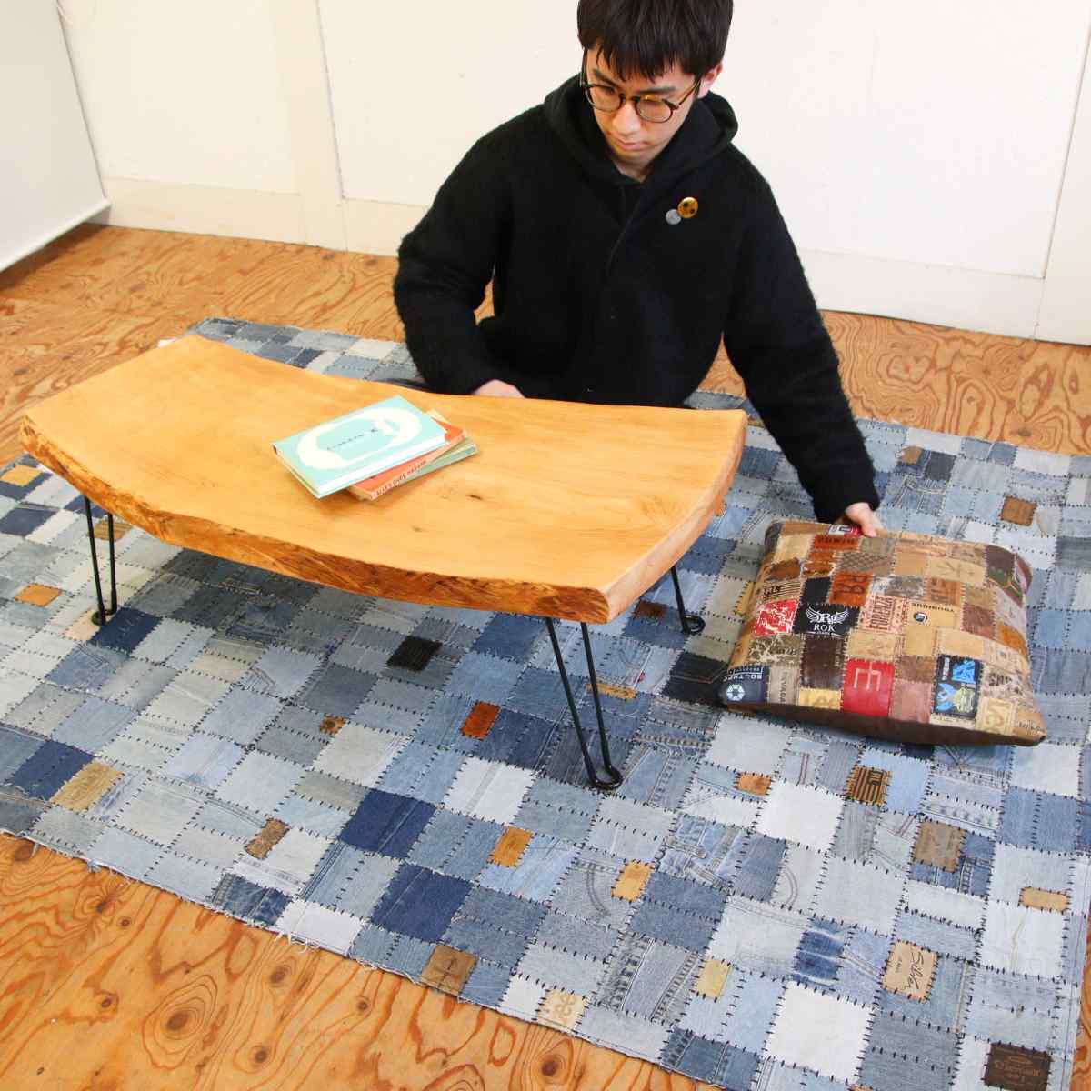 アスプルンド / ASPLUND シャルダ デニム革 パッチワーク クッション 中古