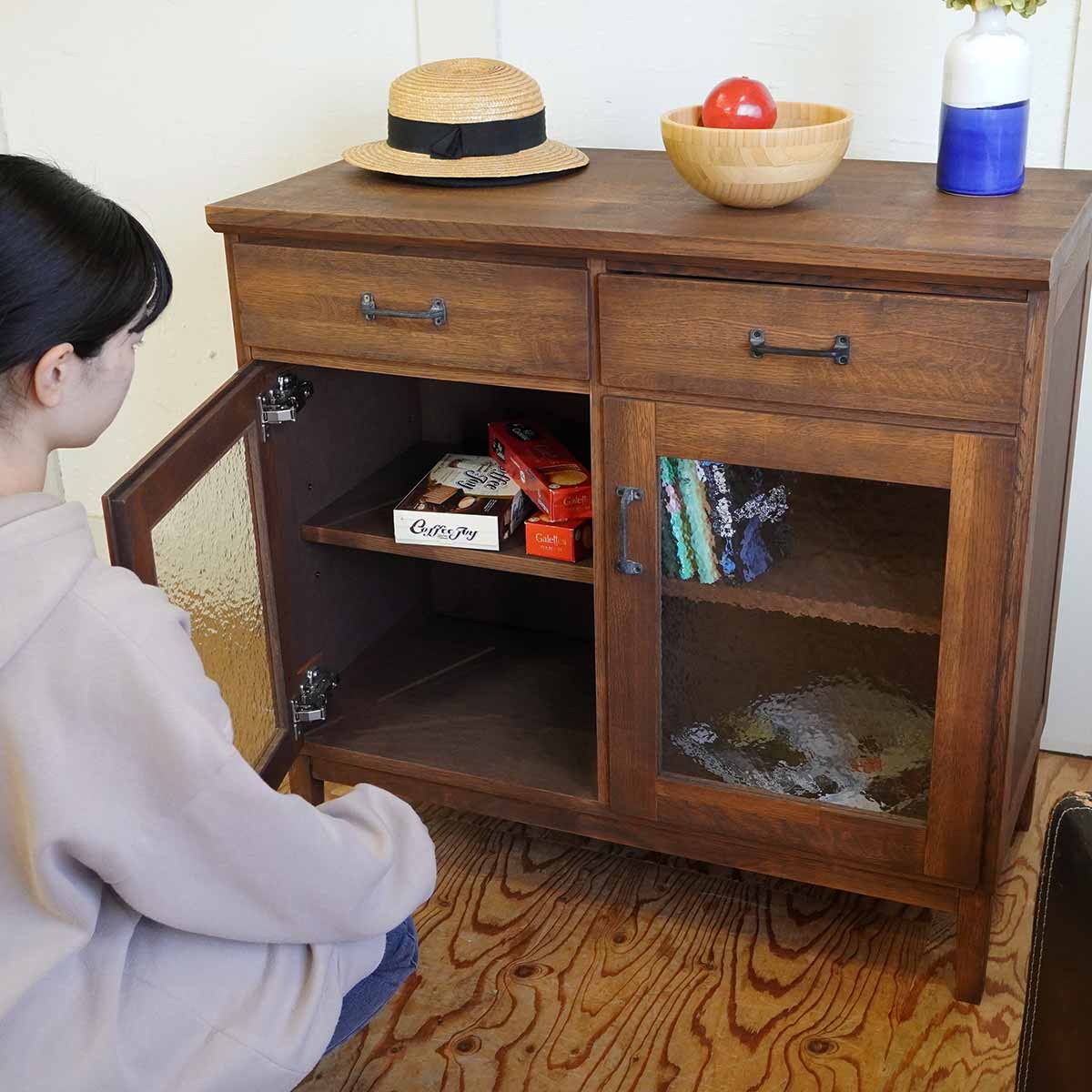 吉桂 ウィスキーオークシリーズ ローキャビネット ガラス 90 オーク 展示品