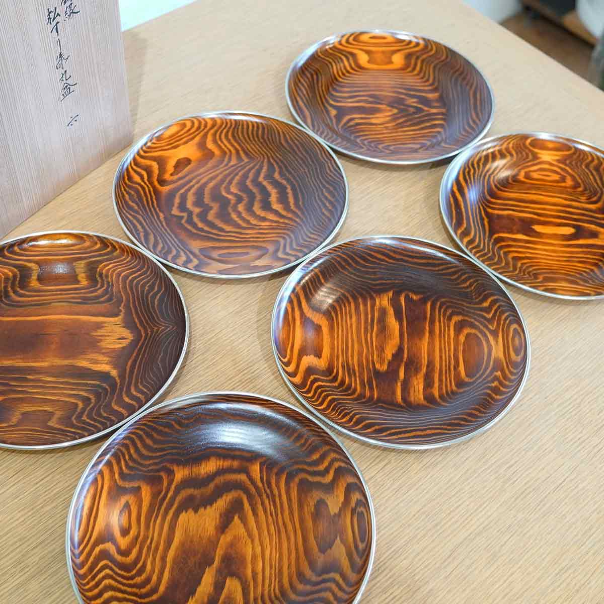 岡本漆専堂 錫縁 松すり漆丸盆 丸皿 6枚セット 中古