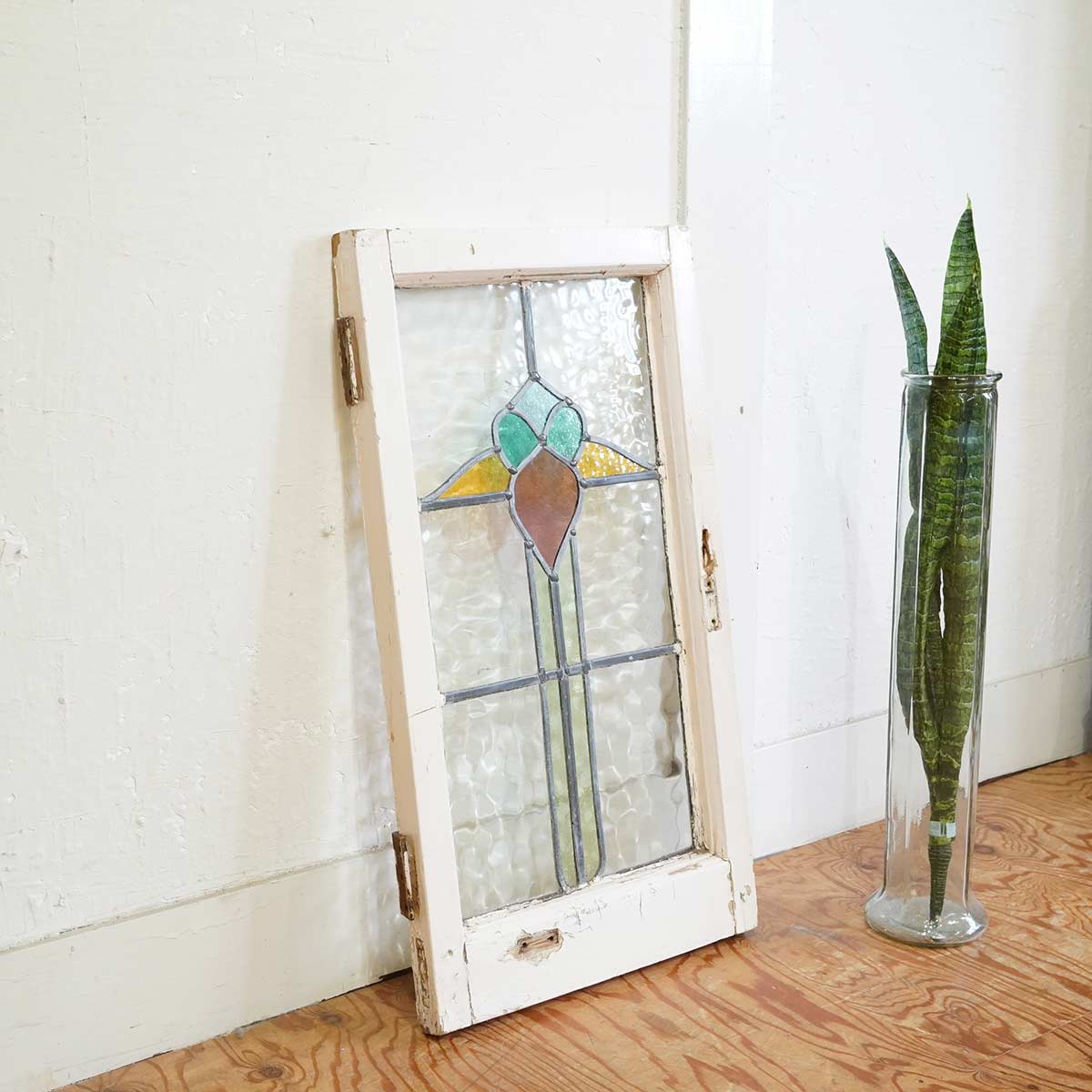 ステンドグラス 窓 木枠 ディスプレイ【大】英国アンティーク