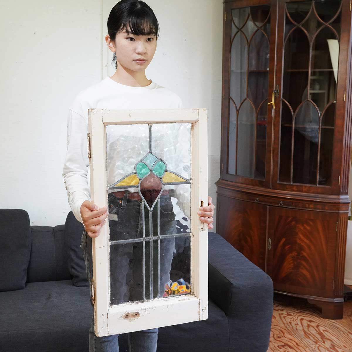 ステンドグラス 窓 木枠 ディスプレイ【大】英国アンティーク