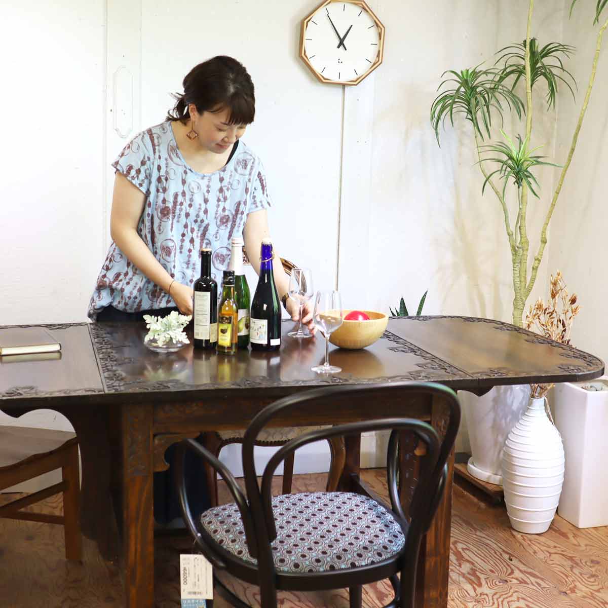 軽井沢彫り バタフライテーブル ダイニングテーブル 伸長式 ヴィンテージ