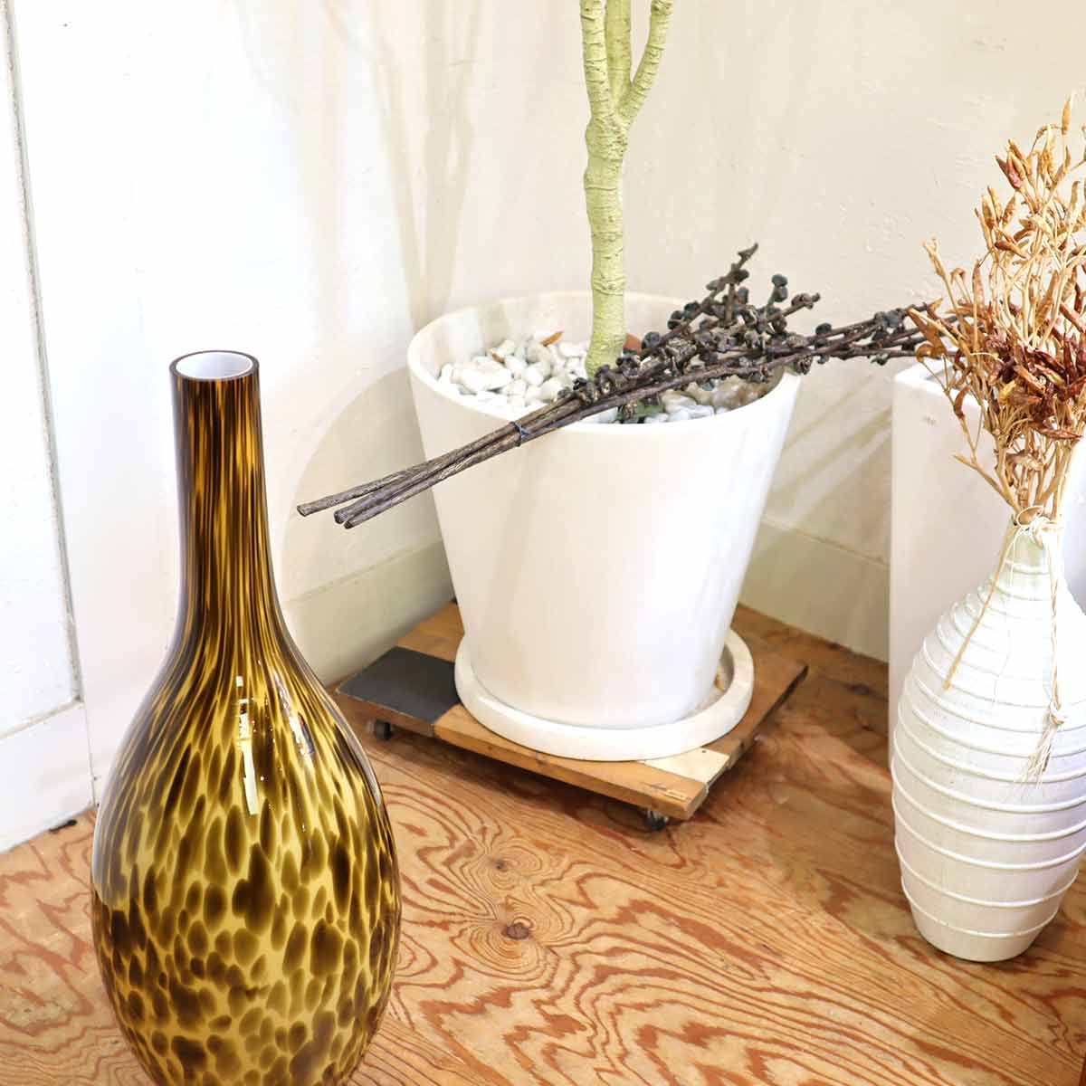 フラワーベース 花器 マーブル イエロー 造花 中古