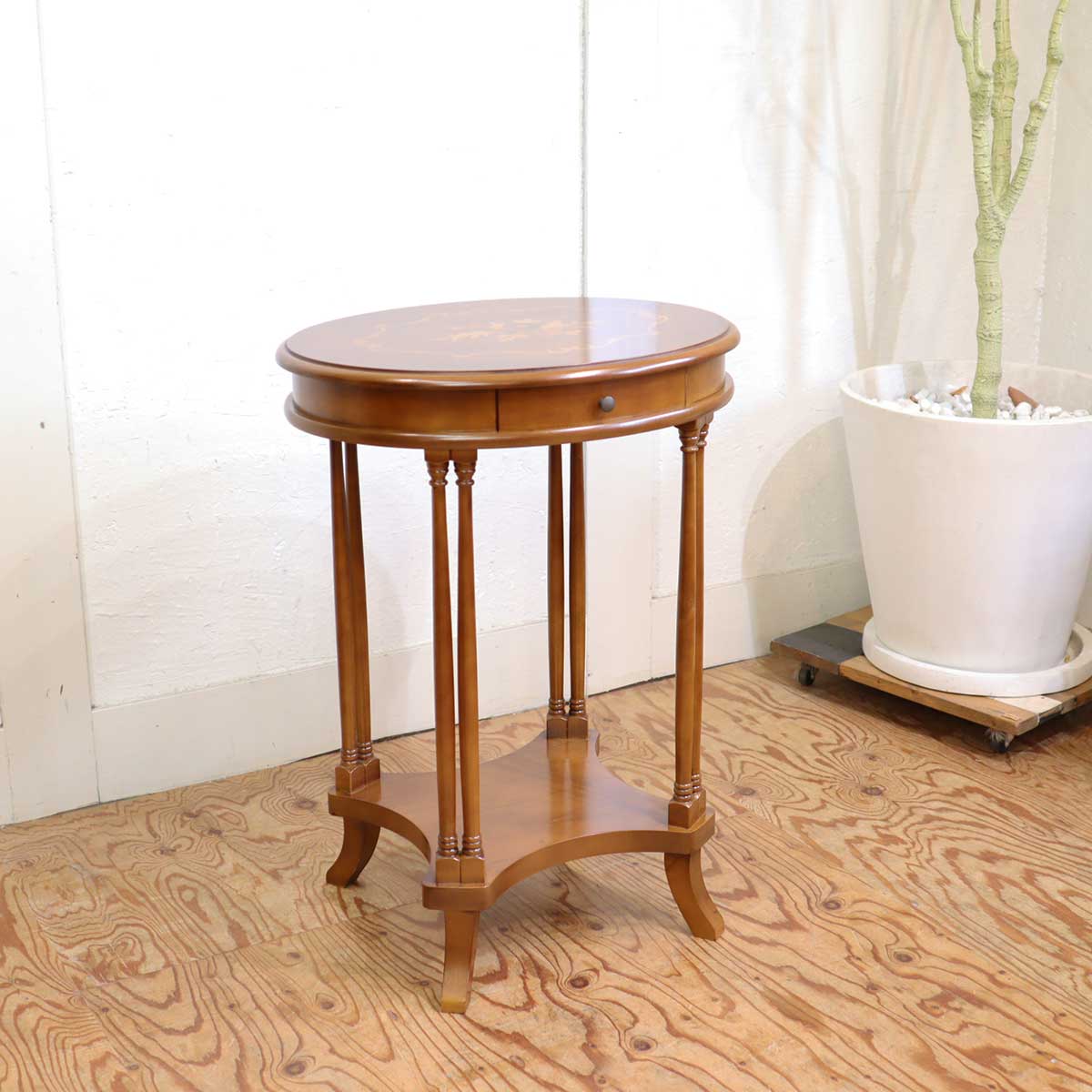 サイドテーブル 花台 オーバル 楕円 クラシカル 象嵌 中古