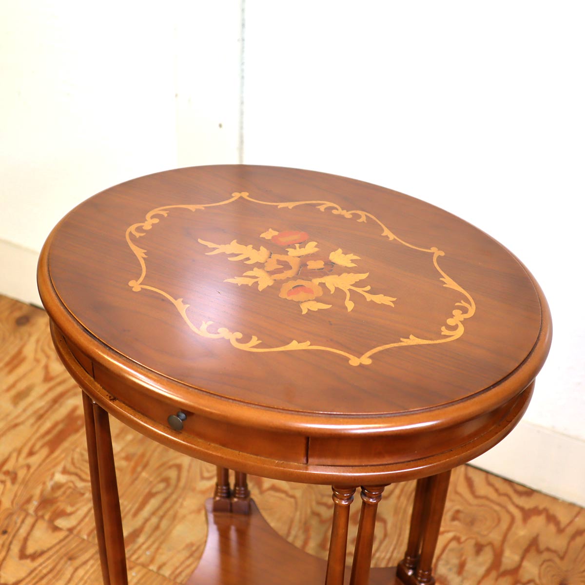 サイドテーブル 花台 オーバル 楕円 クラシカル 象嵌 中古