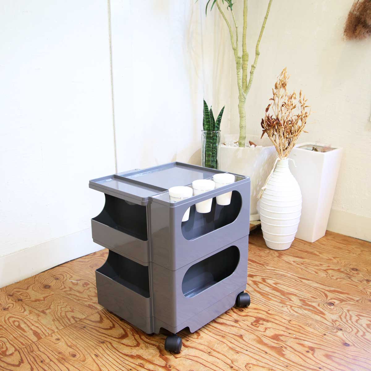 B-LINE ボビーワゴン 2段3トレイ トルネードグレー インナートレイ付 アクリルホルダー&カップ付 ジョエ・コロンボ 中古