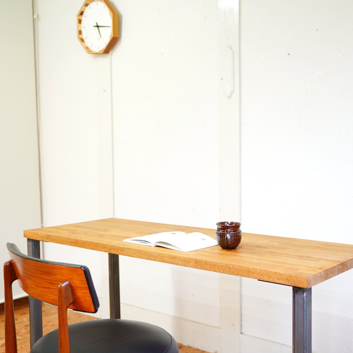 オーク無垢材×スチール脚 デスク カウンター 作業台 ロングテーブル 中古