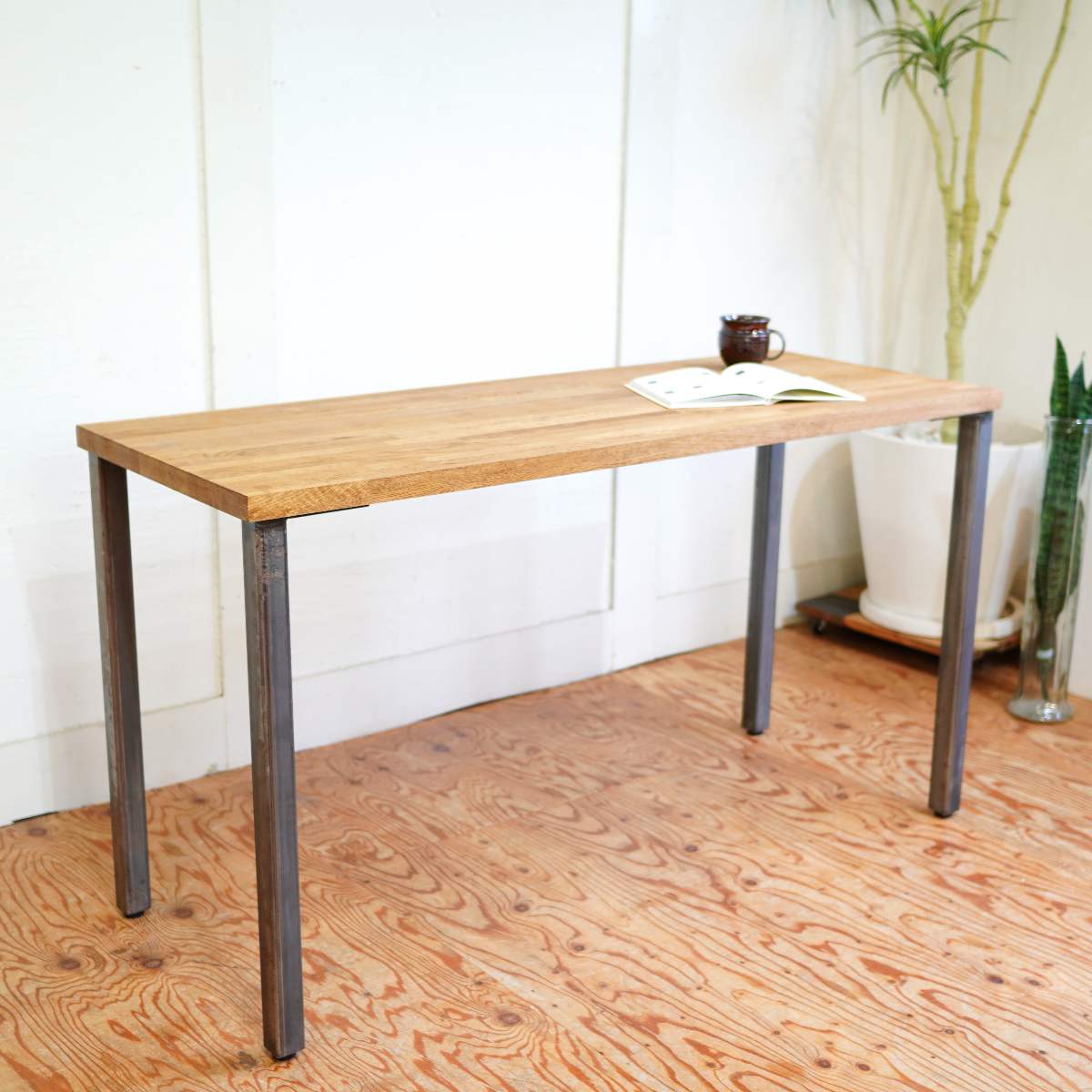 オーク無垢材×スチール脚 デスク カウンター 作業台 ロングテーブル 中古